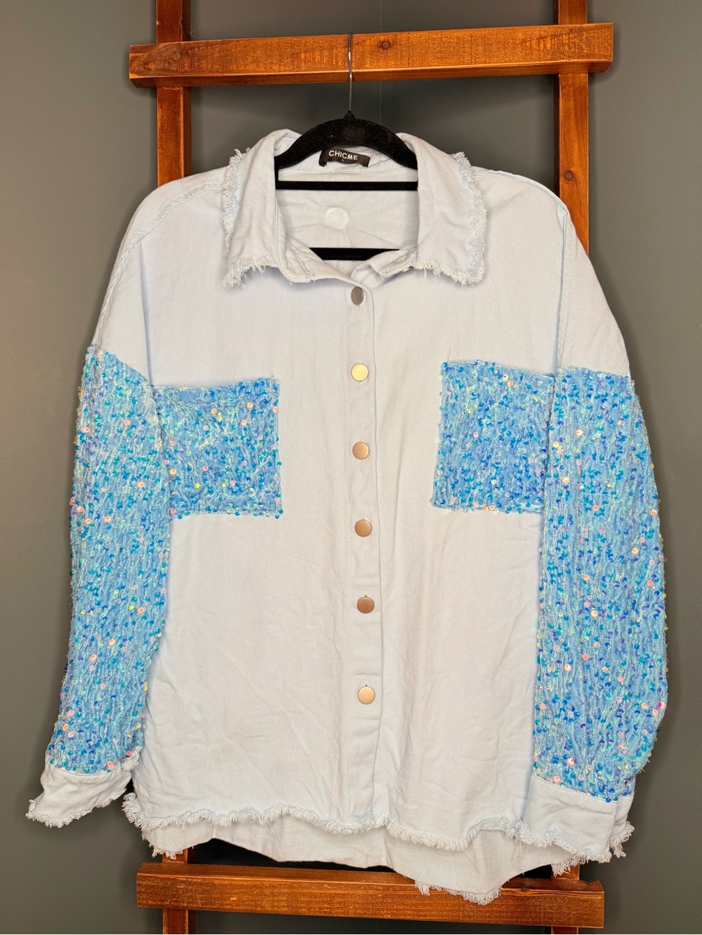 CHICME Oversized Sequin Denim Shacket Jacket Light Blue Raw Hem Button Front - Picture 6 of 10